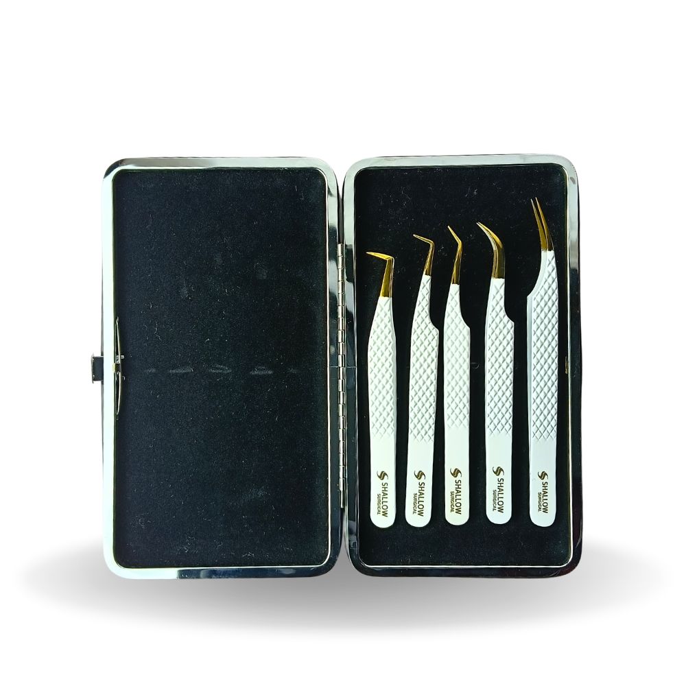 Set de 5 Pinzas Profesionales – Edición Blanca y Oro con Punta de Fibra