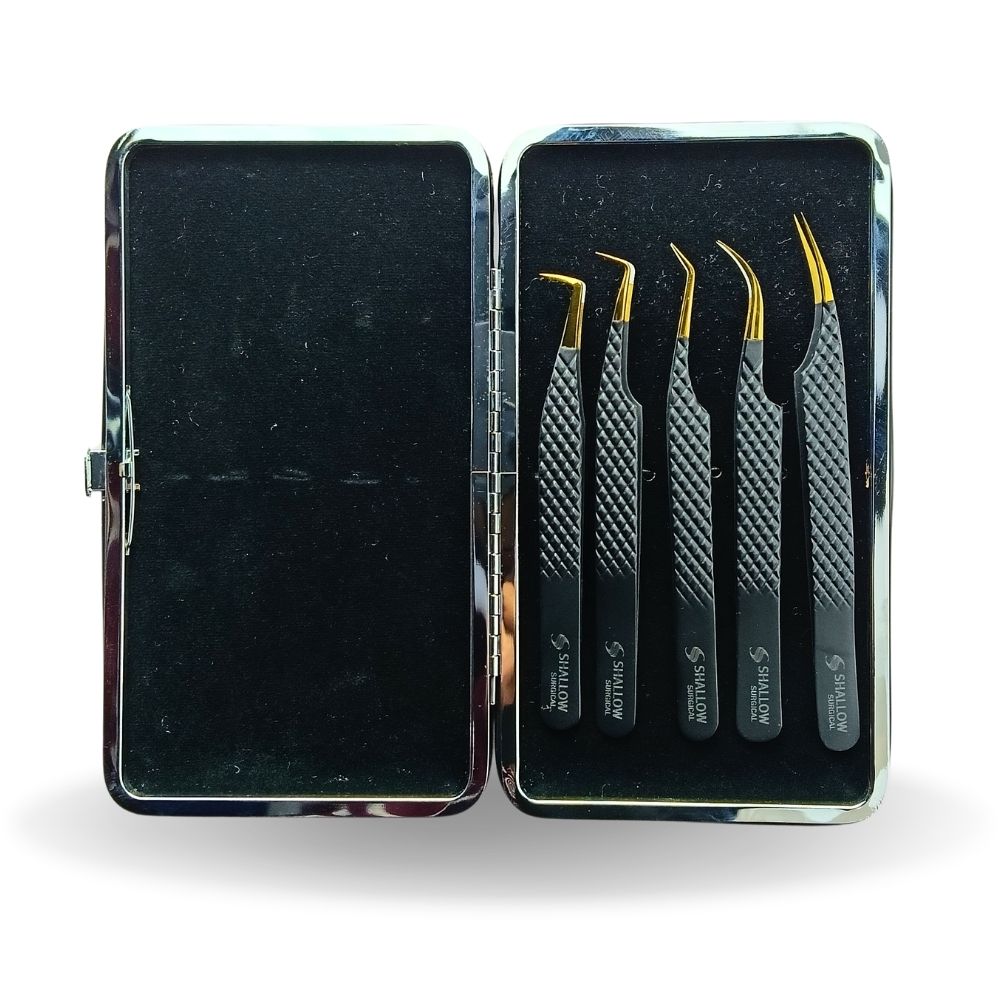 Set de 5 Pinzas Elite – Edición Negra y Oro con Estuche Magnético