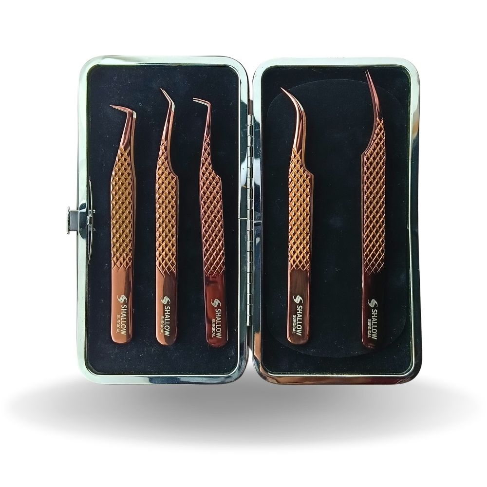 Set de 5 Pinzas con Punta de Fibra – Edición Rose Gold & Estuche Magnético