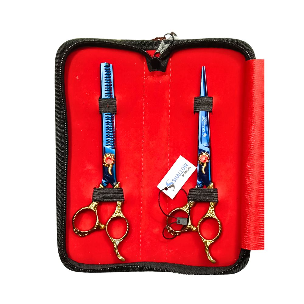 Dúo Profesional de Tijeras “Zafiro y Oro” – Edición de Lujo con Grabado